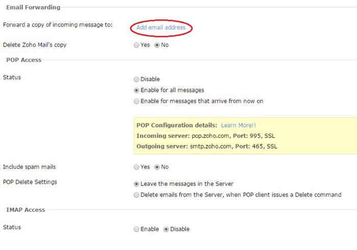 email forwarding in ZOHO mail